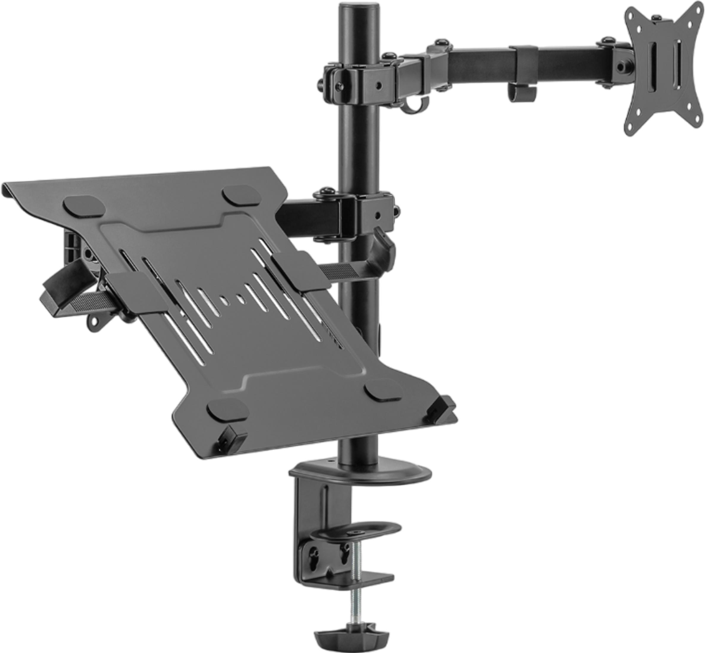 Ein schwarzer Monitorarm mit Laptopablage und Klemmfuß