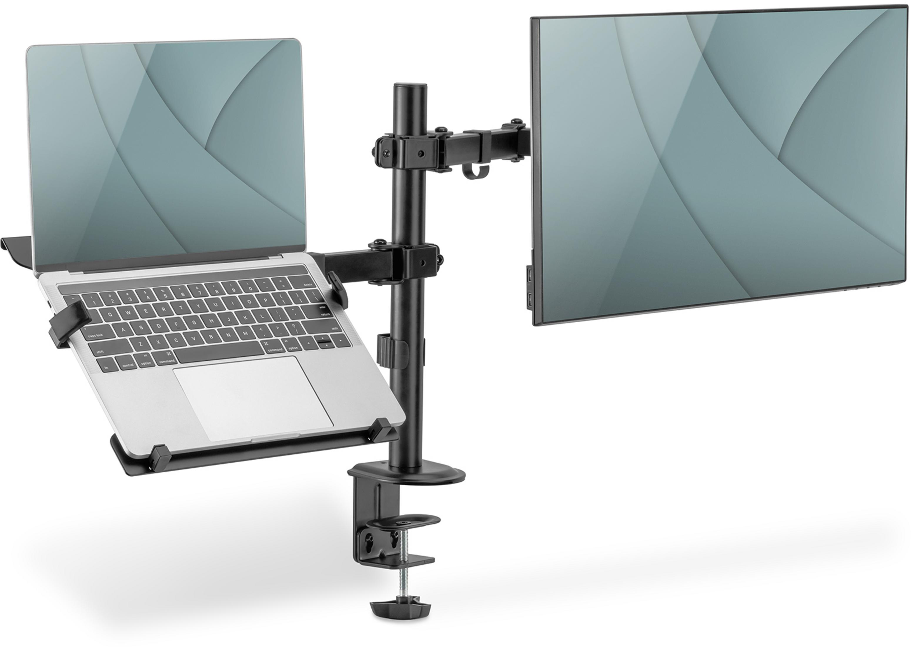 Ein Laptop und ein Monitor sind auf einem schwarzen Schreibtischarm montiert.