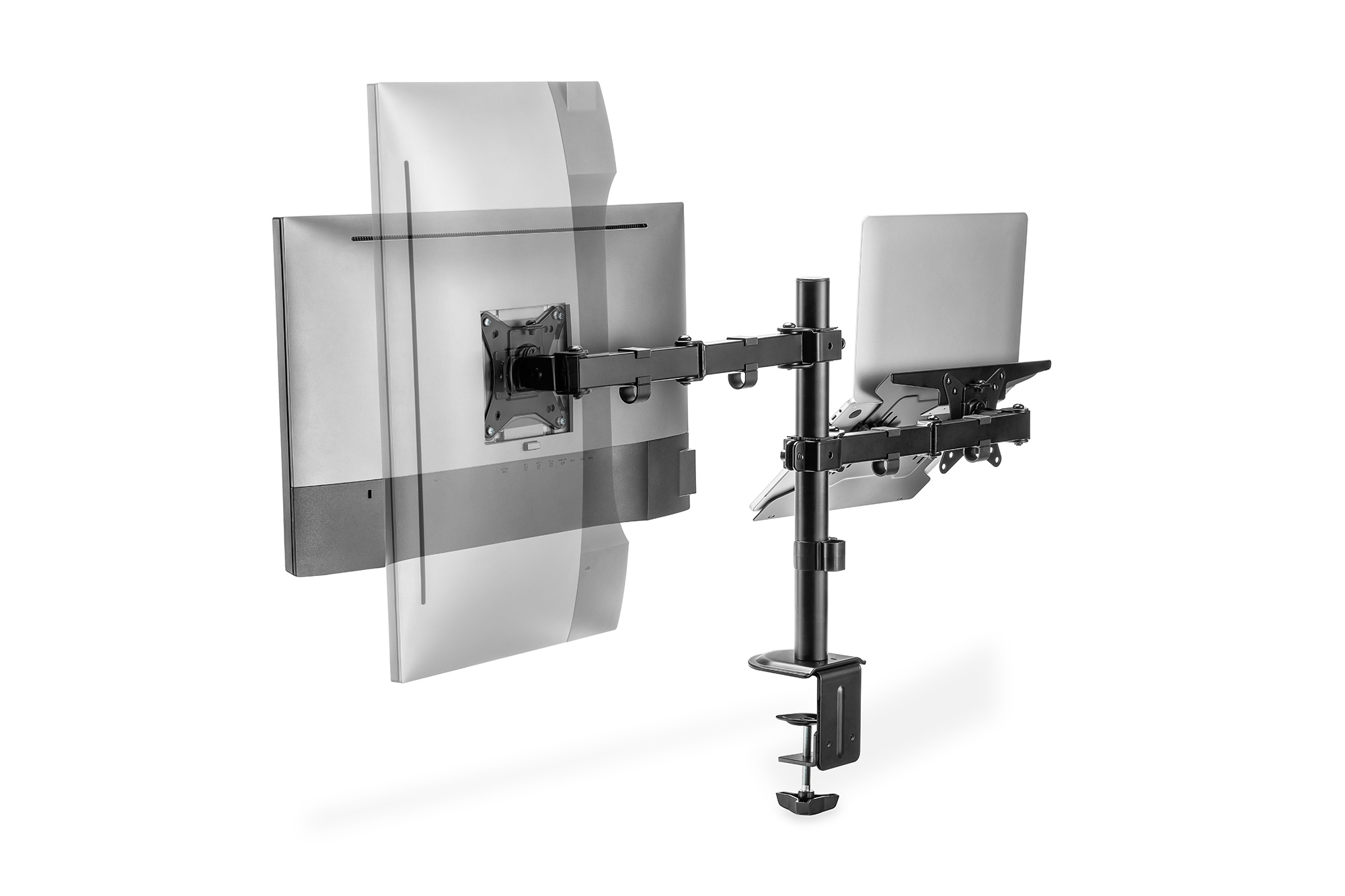 Ein schwarzer Schreibtischarm mit zwei Halterungen für einen Monitor und einen Laptop.