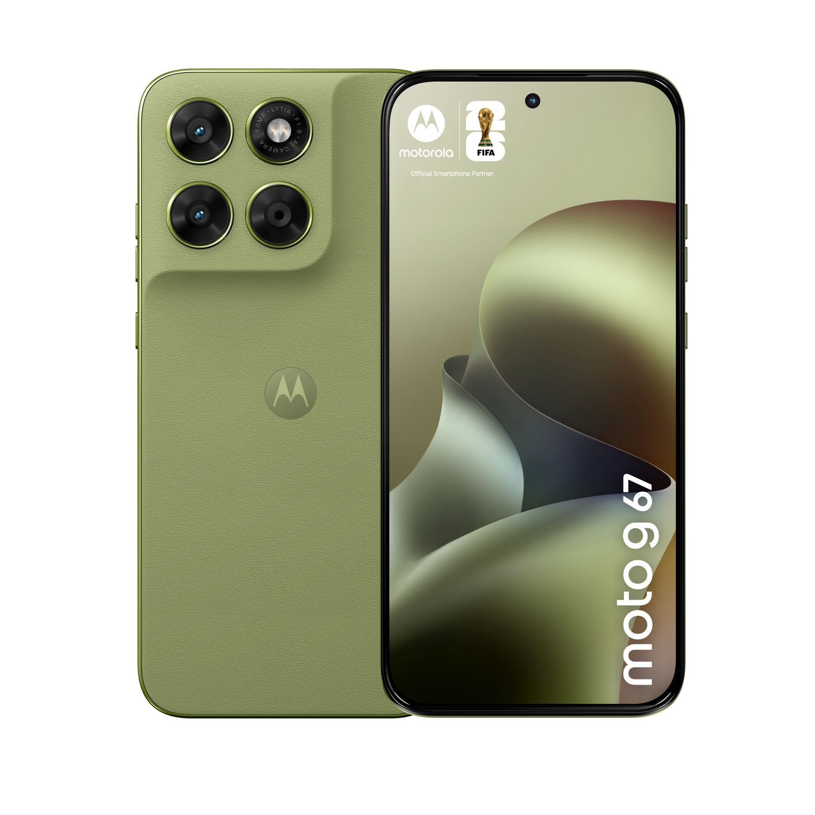 Smartphone Motorola verde con quattro fotocamere e logo FIFA sullo schermo.