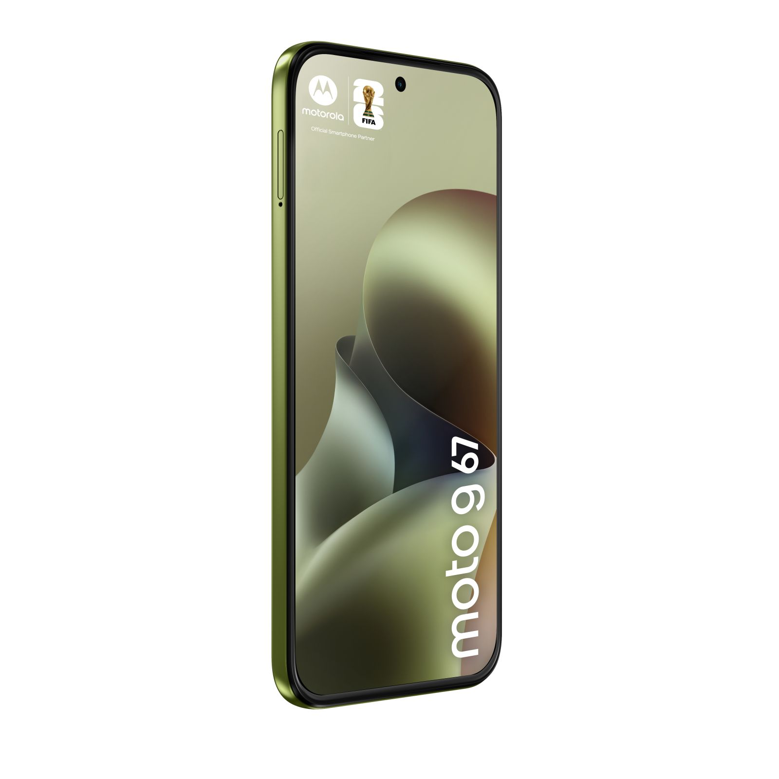 Smartphone Motorola verde con logo FIFA, modello "moto g 67".