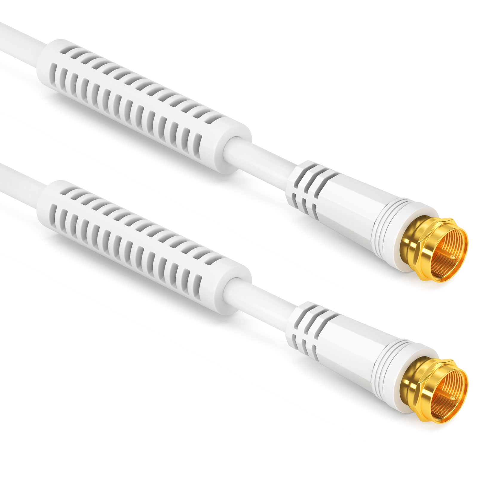 Zwei weiße Koaxialkabel mit goldenen Anschlüssen auf weißem Hintergrund.
