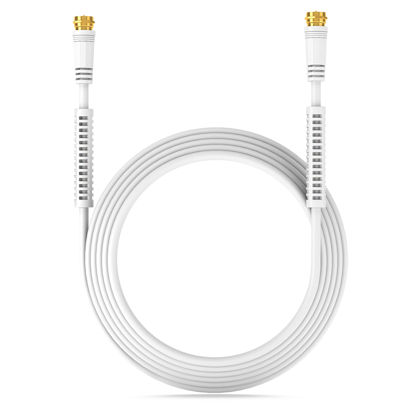 Ein weißes Koaxialkabel mit goldenen Anschlüssen, aufgerollt.