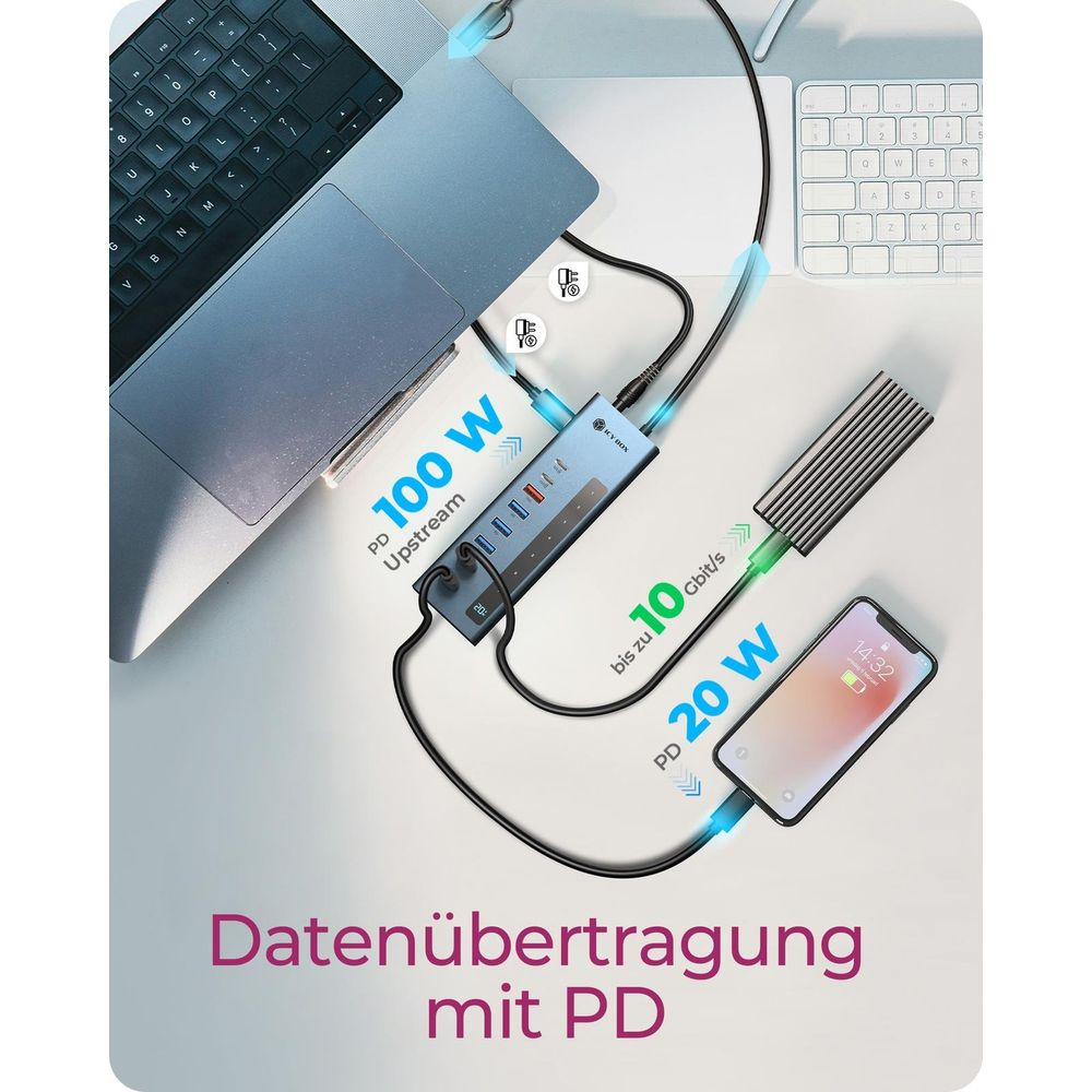Laptop, USB-C-Hub mit 100W PD, externe SSD und Smartphone werden verbunden.