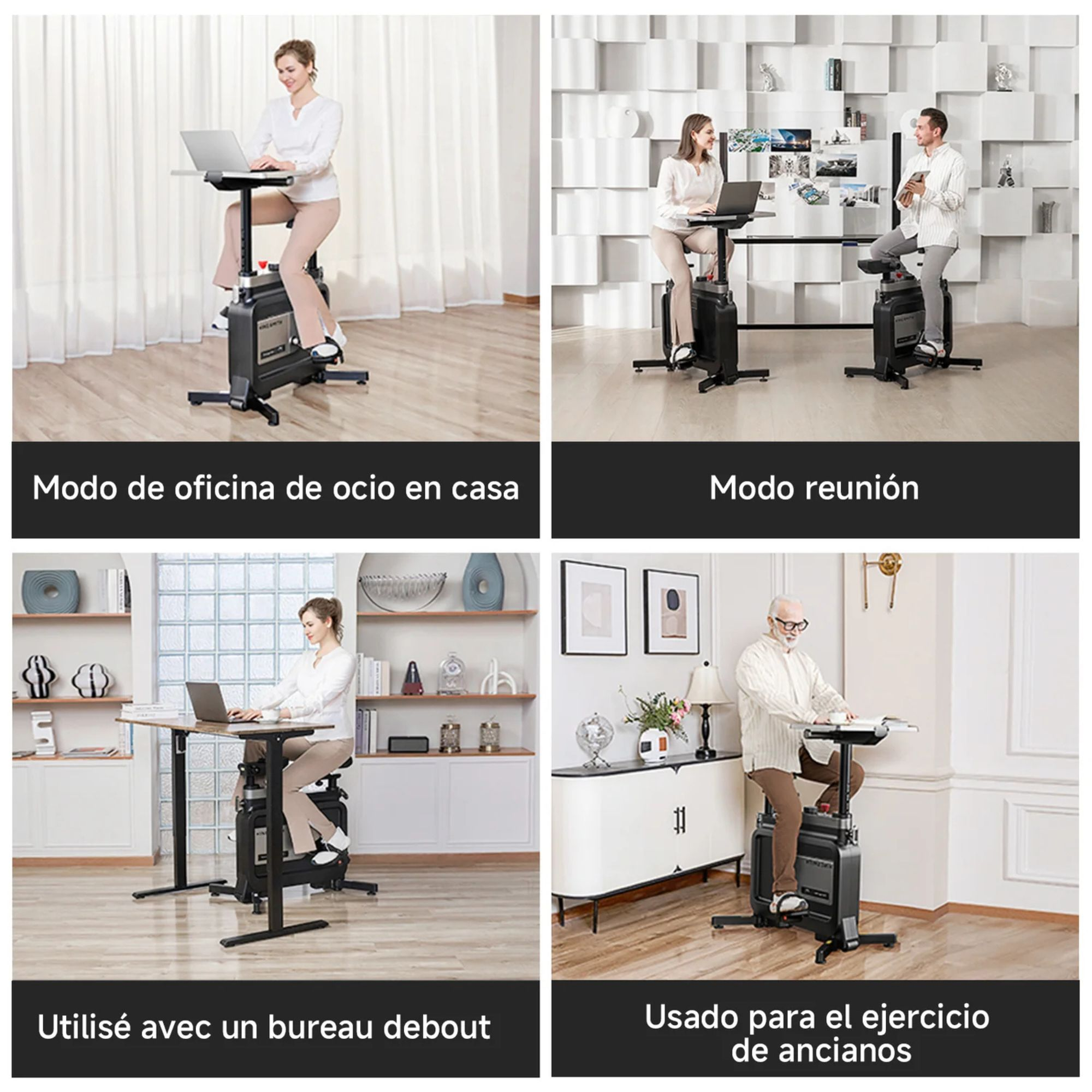 Cuatro escenas muestran una bici estática con escritorio: mujer trabajando, reunión, mujer en escritorio, anciano ejercitándose.