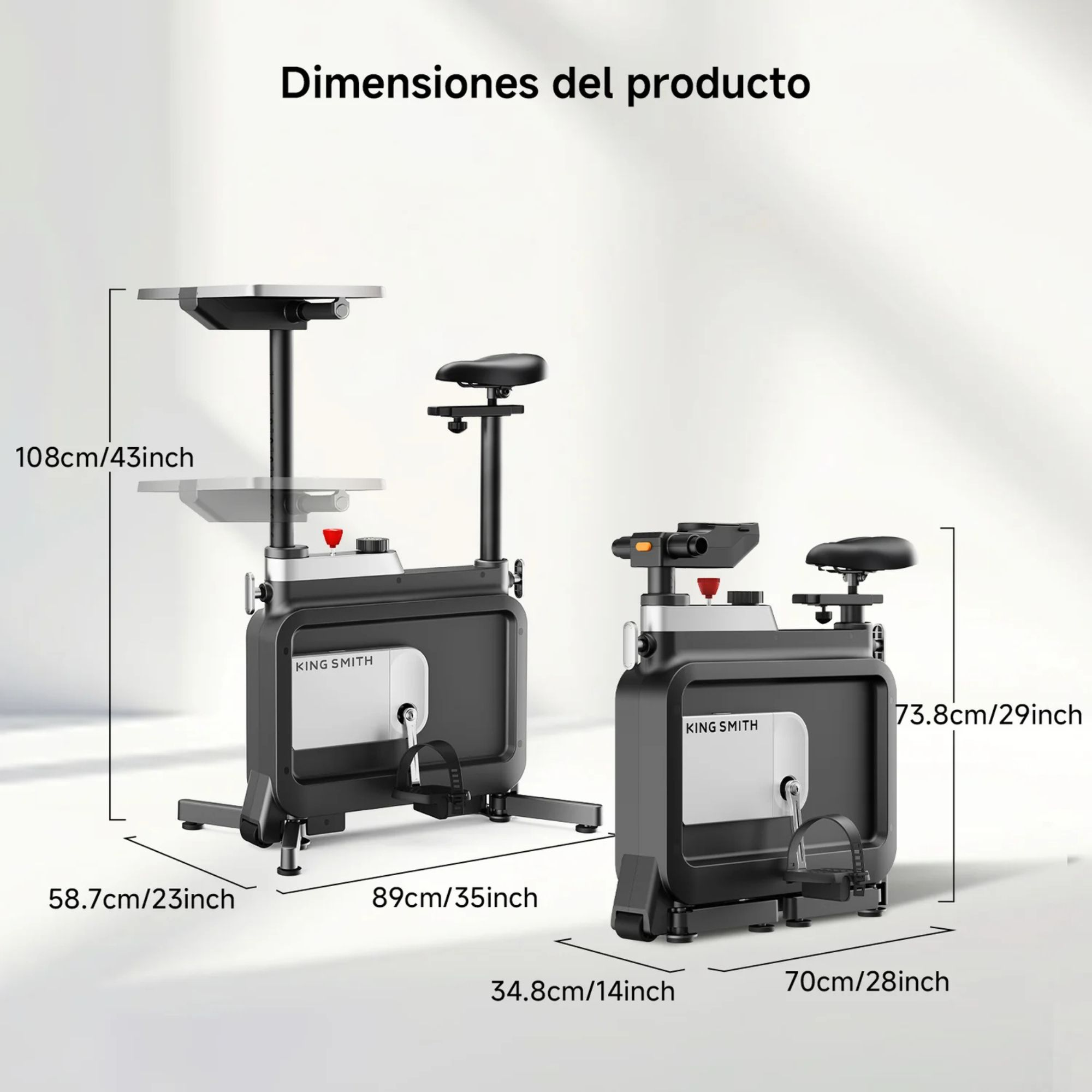 Dos bicicletas de ejercicio negras una al lado de la otra con dimensiones.