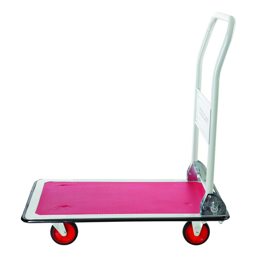 A white folding cart with a red platform and four red wheels.