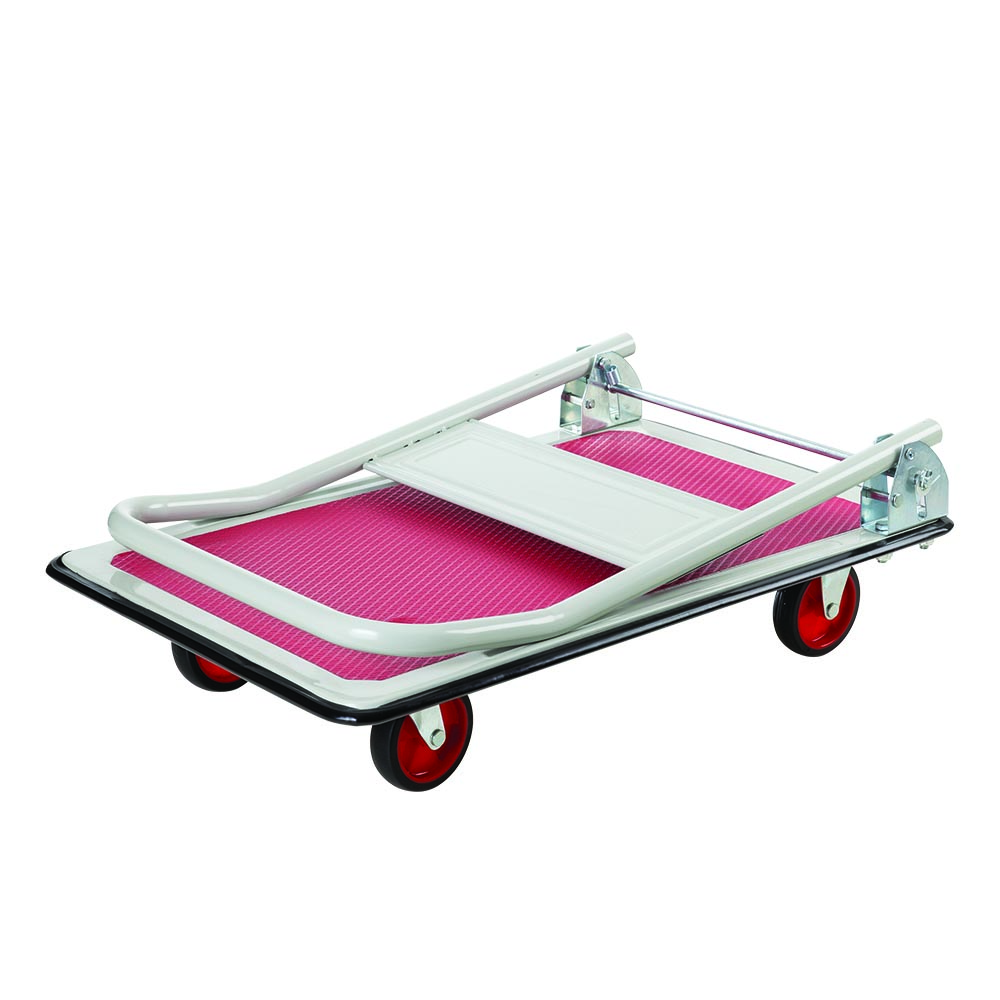 A folded red and silver trolley cart with four red wheels and a white middle plate.