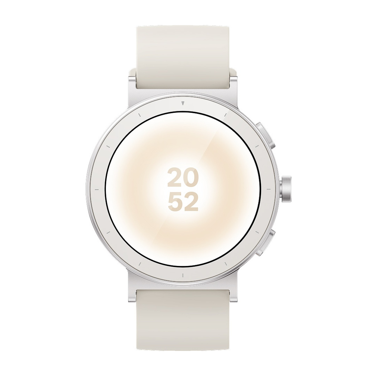 Eine weiße Smartwatch mit silbernem Gehäuse und weißen Armbändern zeigt die Uhrzeit 20:52.