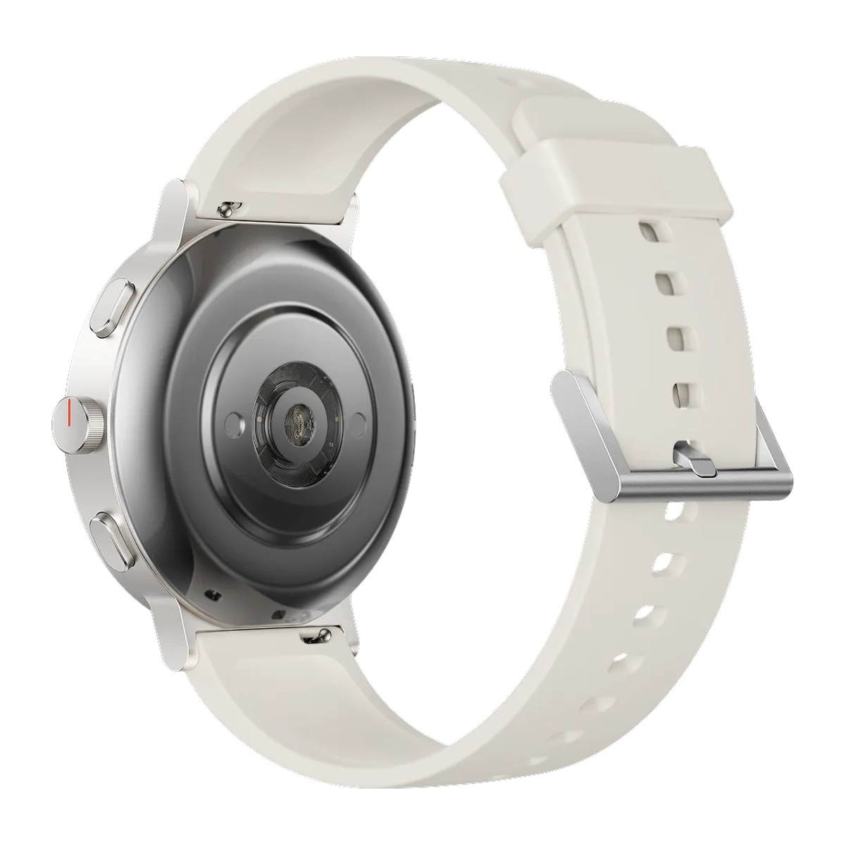 Rückseite einer weißen Smartwatch mit silbernen Knöpfen und Metallverschluss.