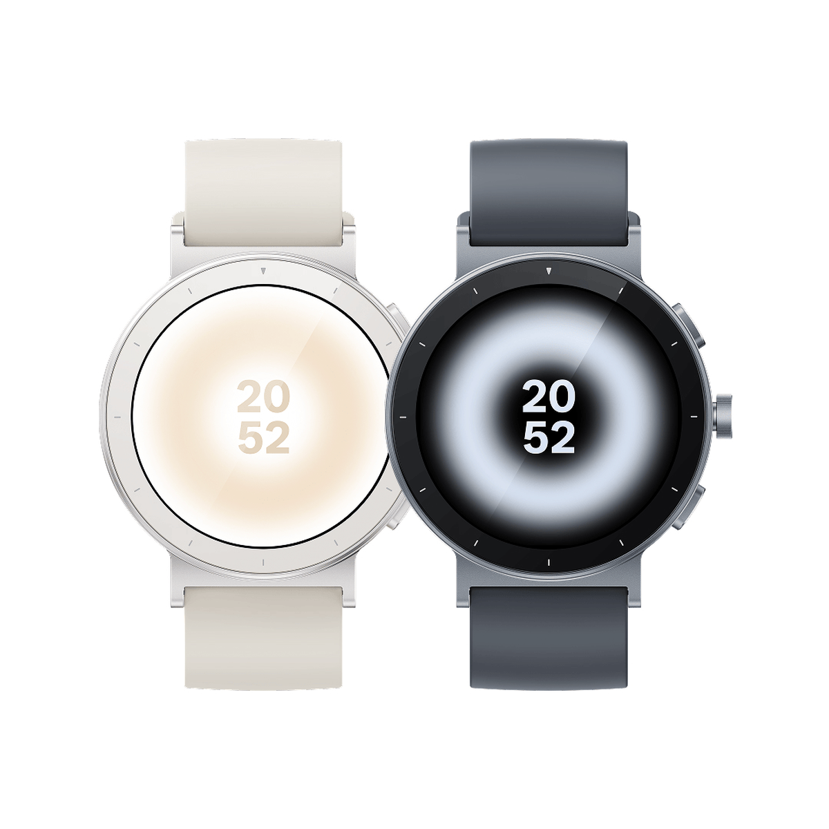 Zwei Smartwatches, eine weiße mit cremefarbenem Armband, eine schwarze mit grauem Armband.
