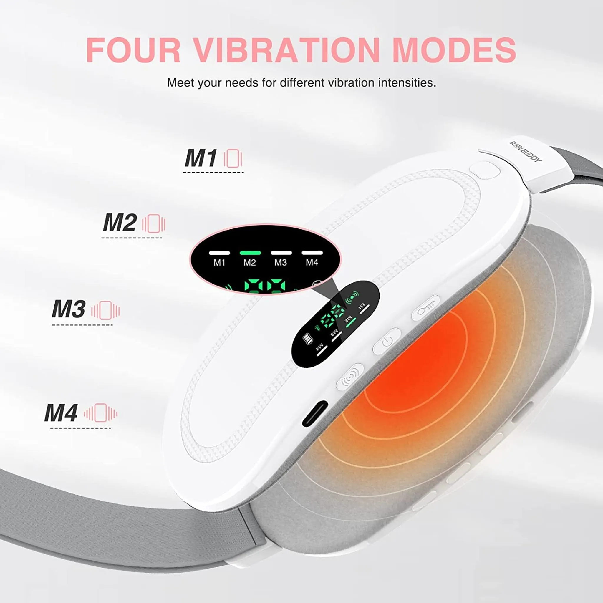 Ein weißes Massagegerät mit vier Vibrationsmodi, das Wärme abgibt.