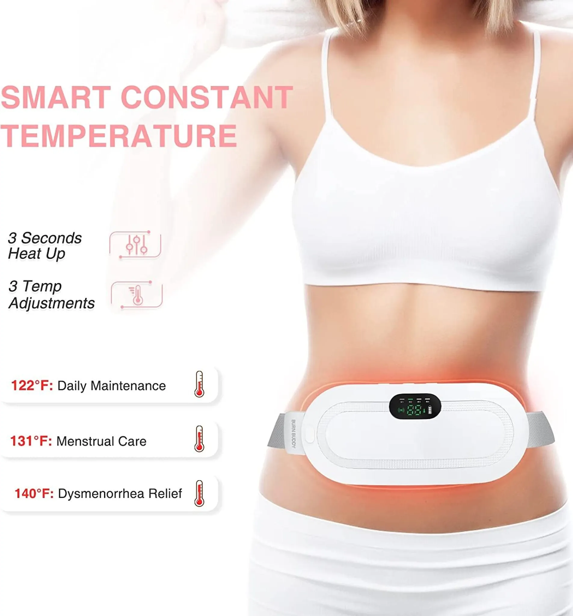 Ein weißes Heizkissen um die Taille einer Frau, mit Temperaturanzeigen.