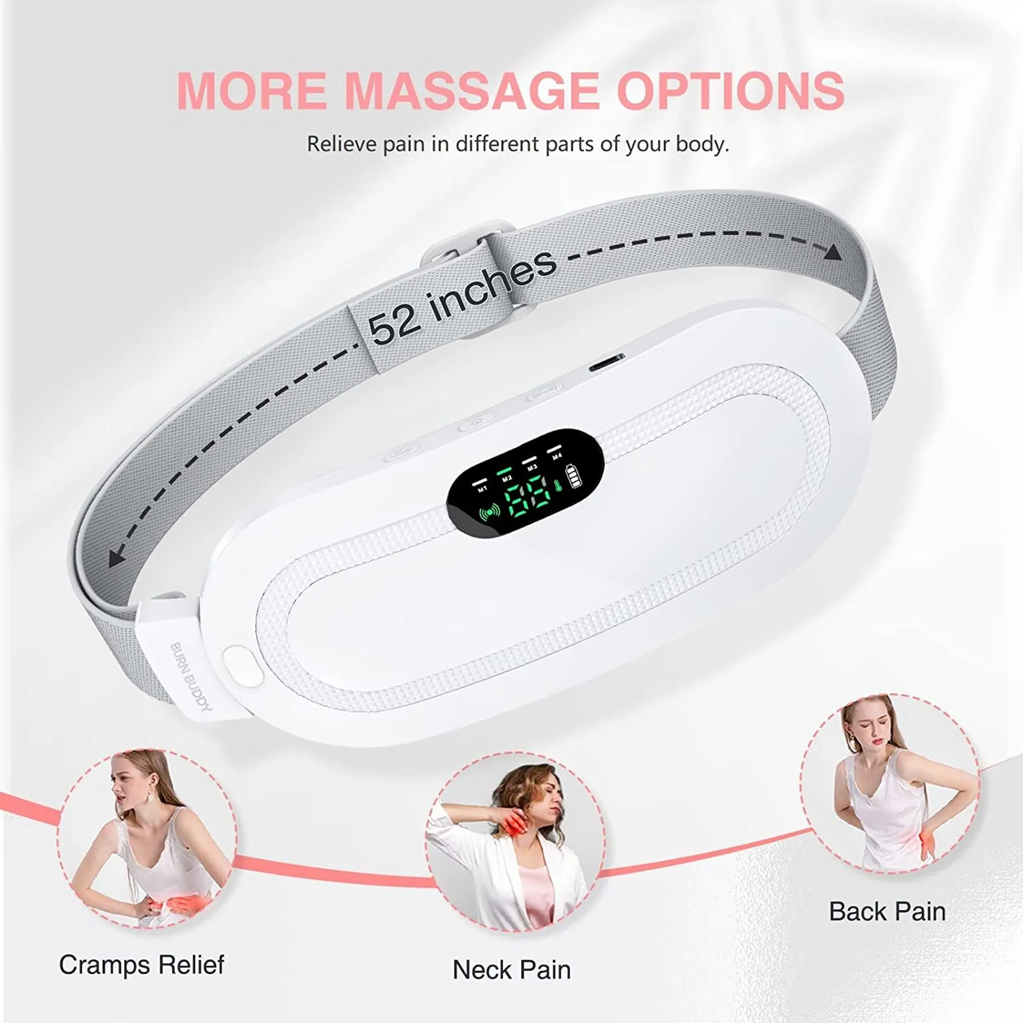 Ein weißes Massagegerät mit Display und Band, das für Krämpfe, Nacken- und Rückenschmerzen wirbt.