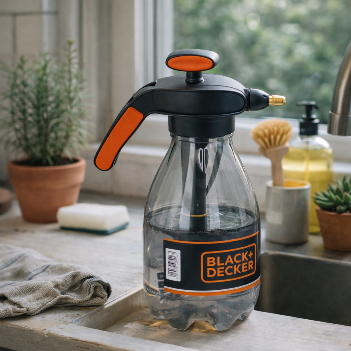 Black+Decker spray bottle with orange accents on a kitchen counter.