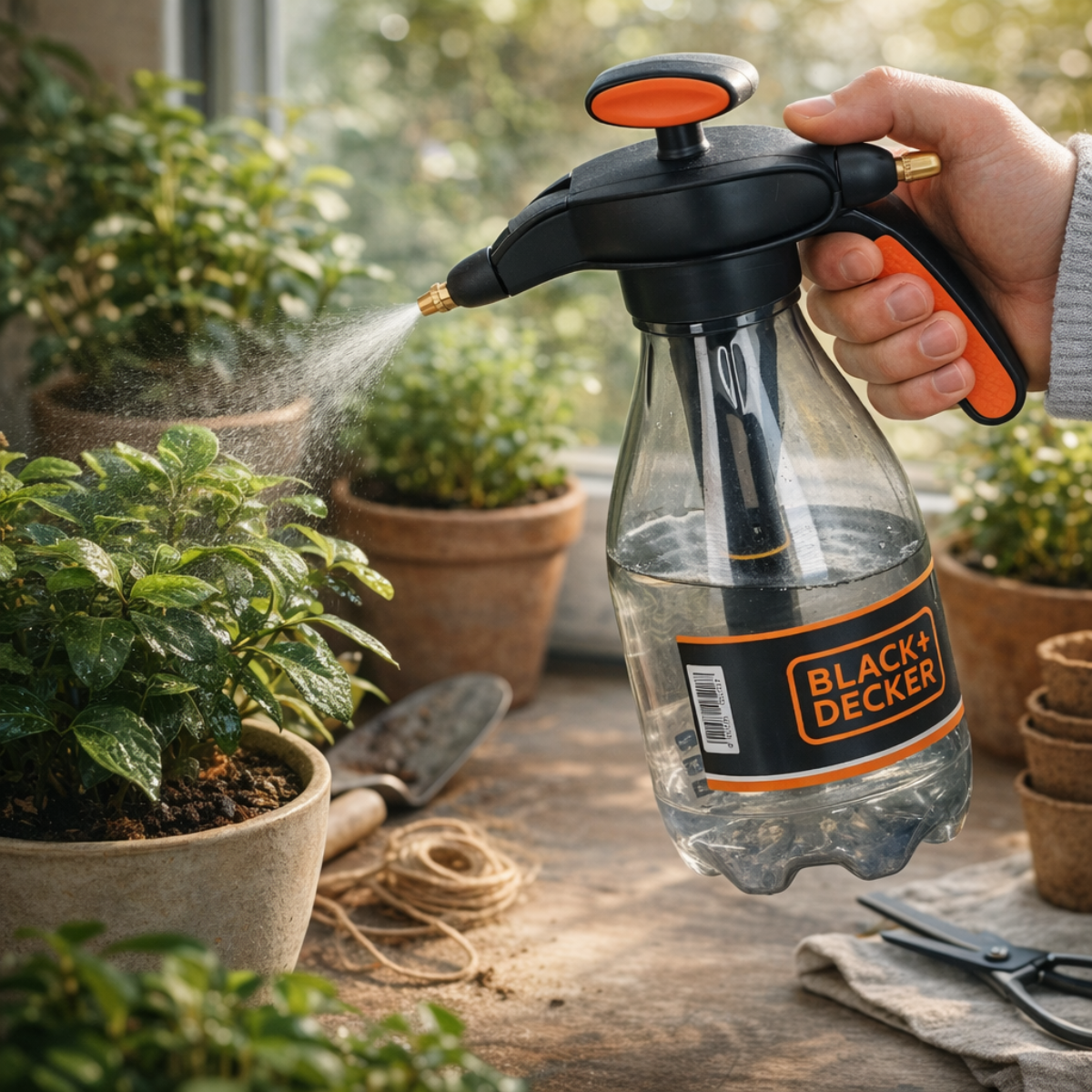 A hand sprays a plant with a black and orange spray bottle.