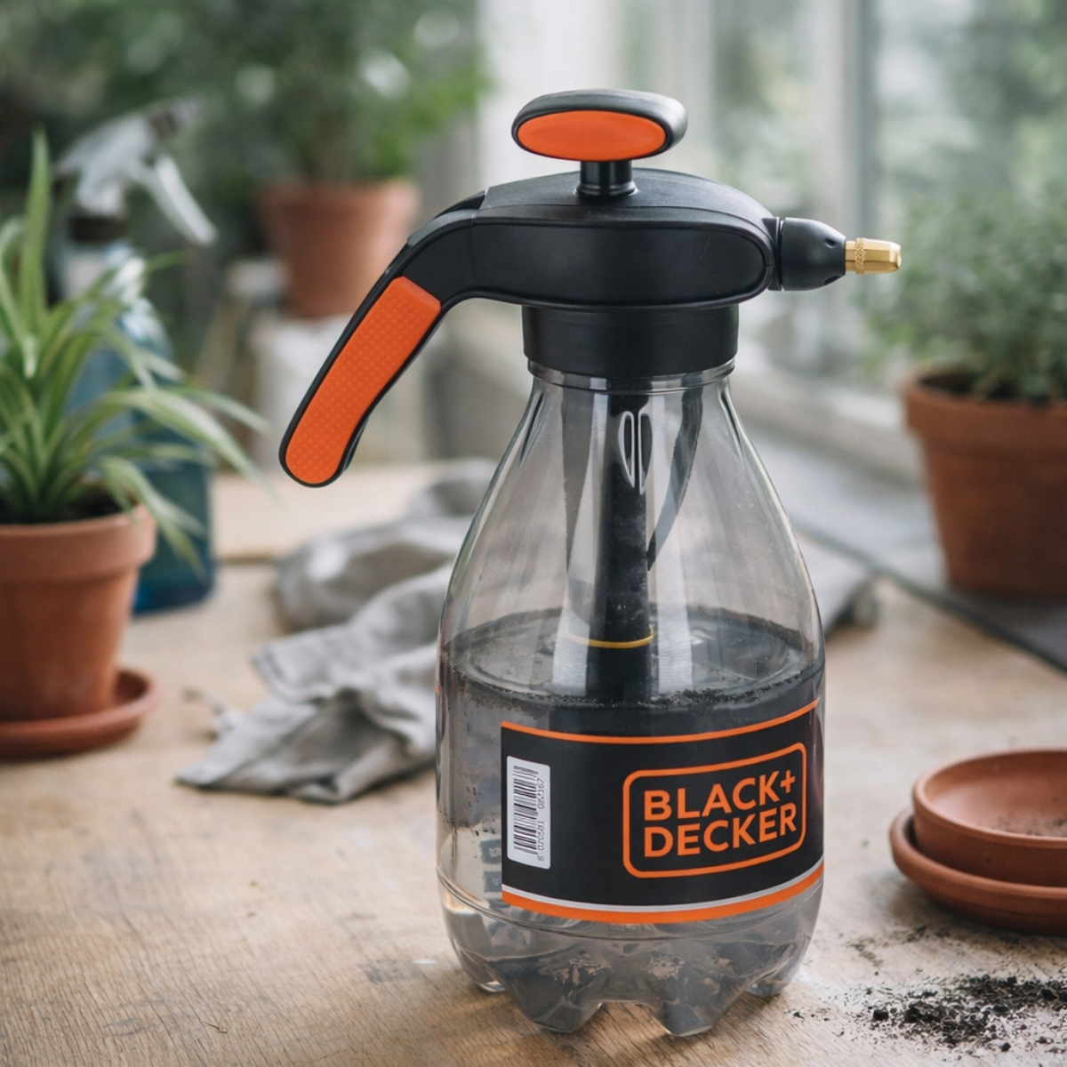 Black sprayer with orange handle, filled with liquid, on a wooden table.