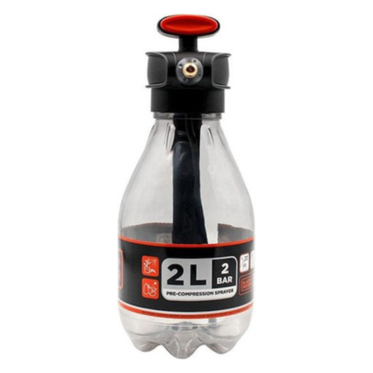 Clear sprayer with black handle and red button. 2L capacity.
