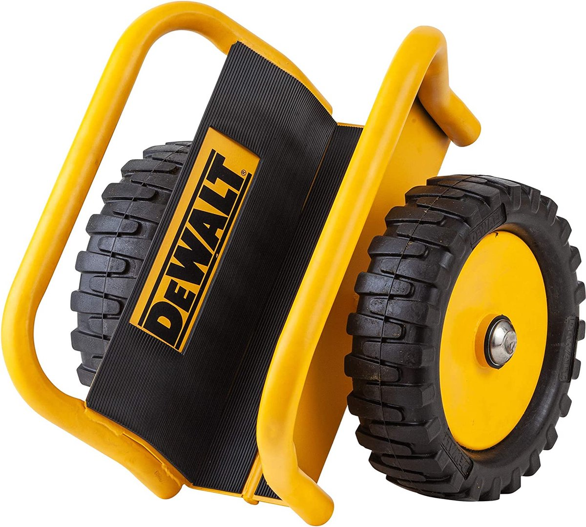 Yellow Dewalt cart with black wheels and handle, on a white background.