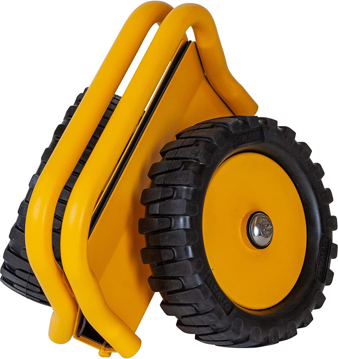 A yellow jack with a black wheel and handles, on a white background.