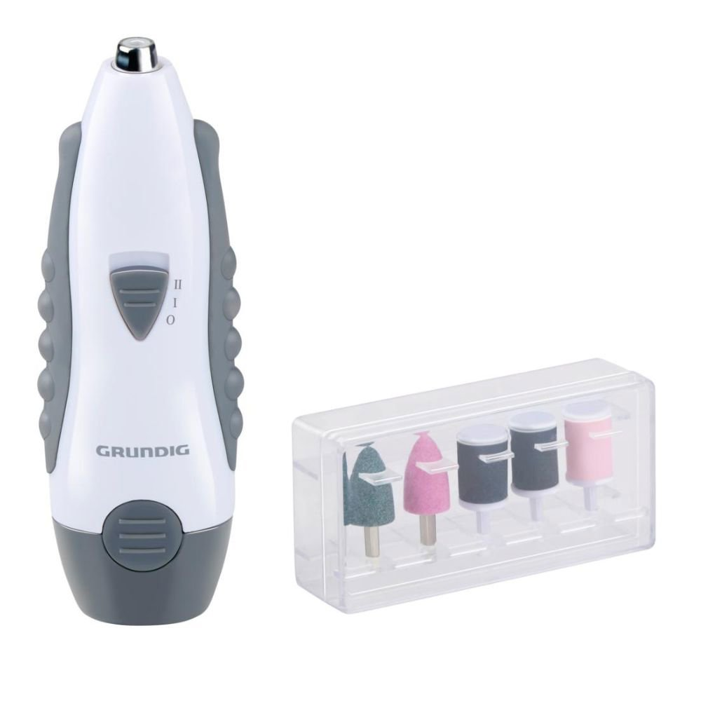 Een witte en grijze nagelfrees met opzetstukken in een doorzichtige koffer.