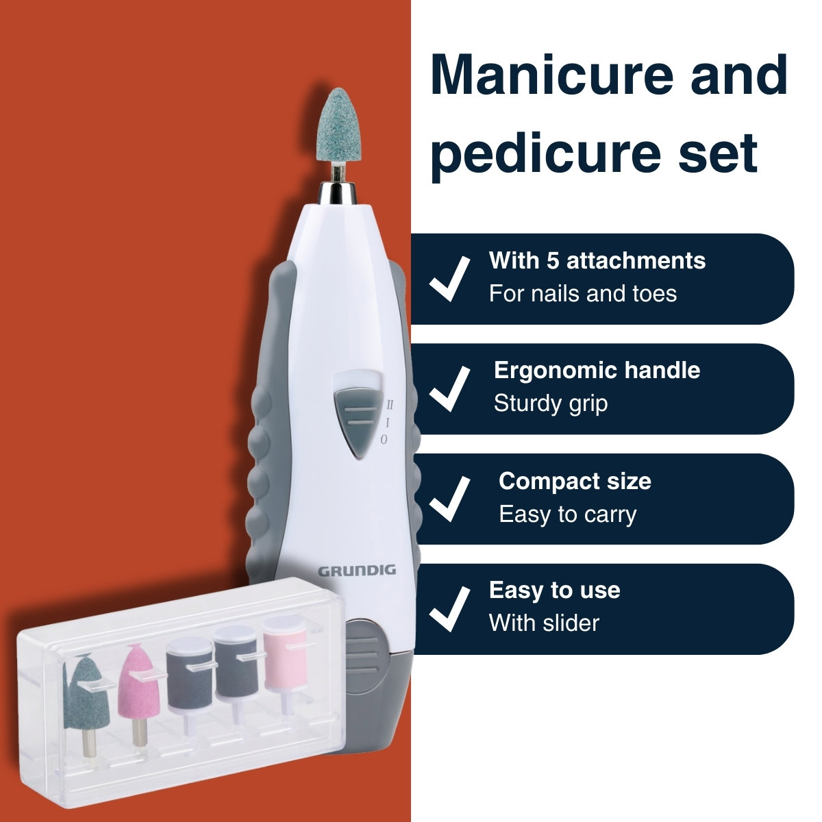 Manicure en pedicure set met opzetstukken en ergonomische handgreep.