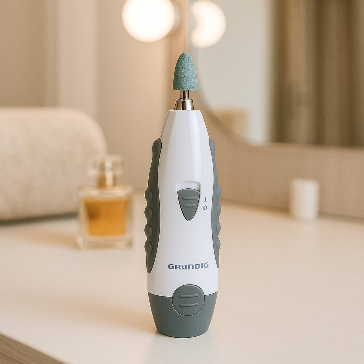 Een witte en grijze Grundig nagelvijl met een taps toelopende punt.