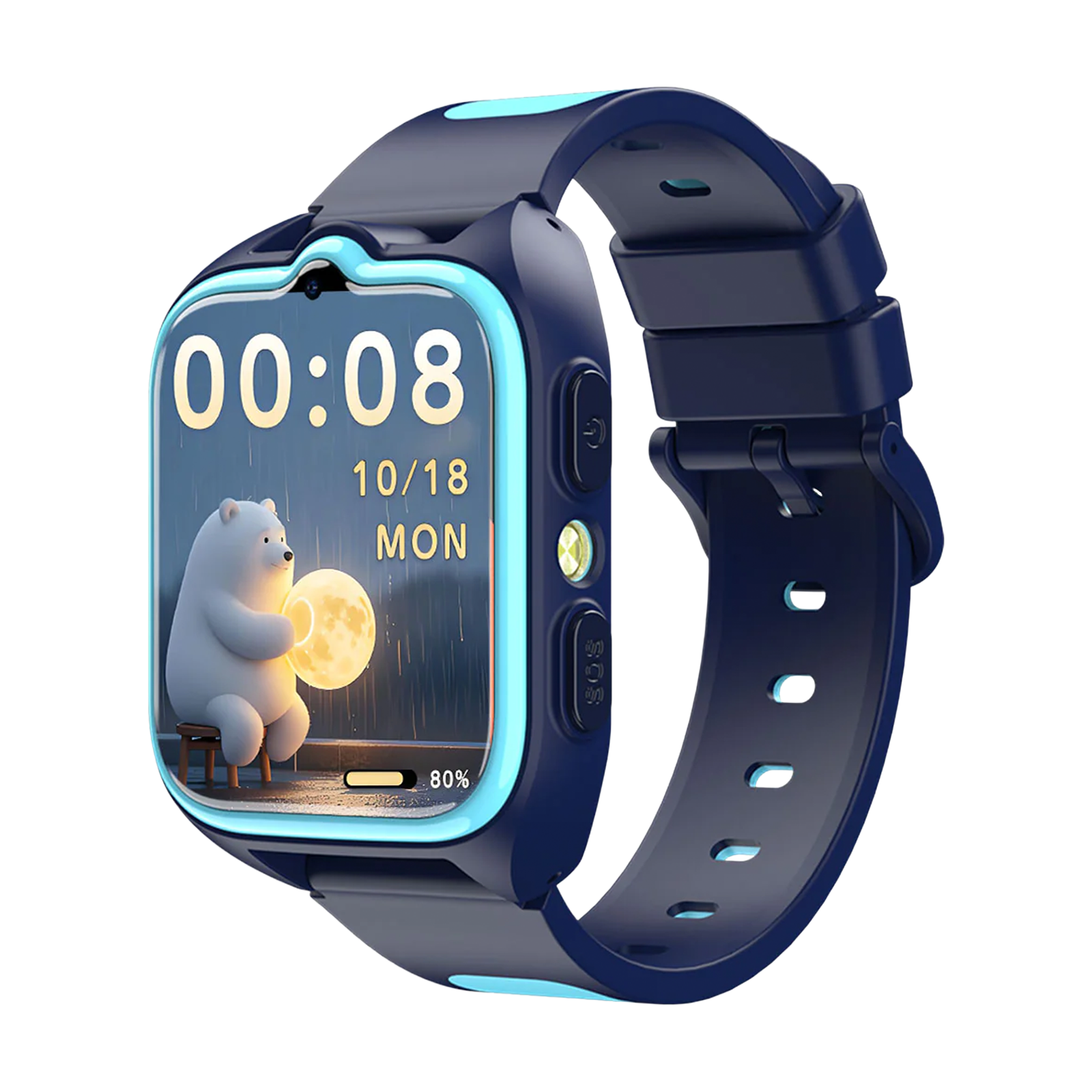 Niebieski smartwatch dla dzieci z grafiką misia na ekranie.