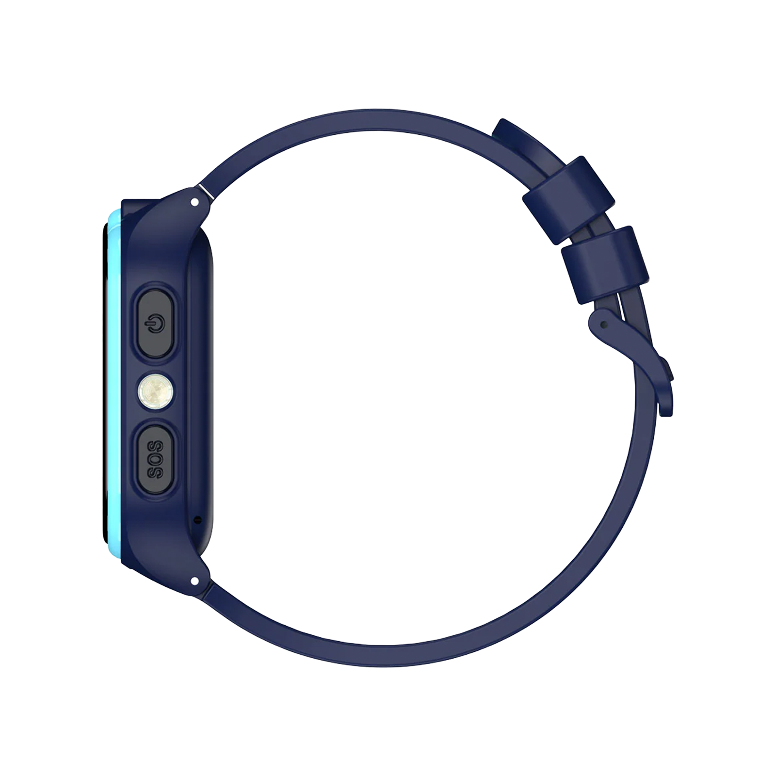 Ciemnoniebieski smartwatch z niebieską bransoletką i przyciskiem SOS.