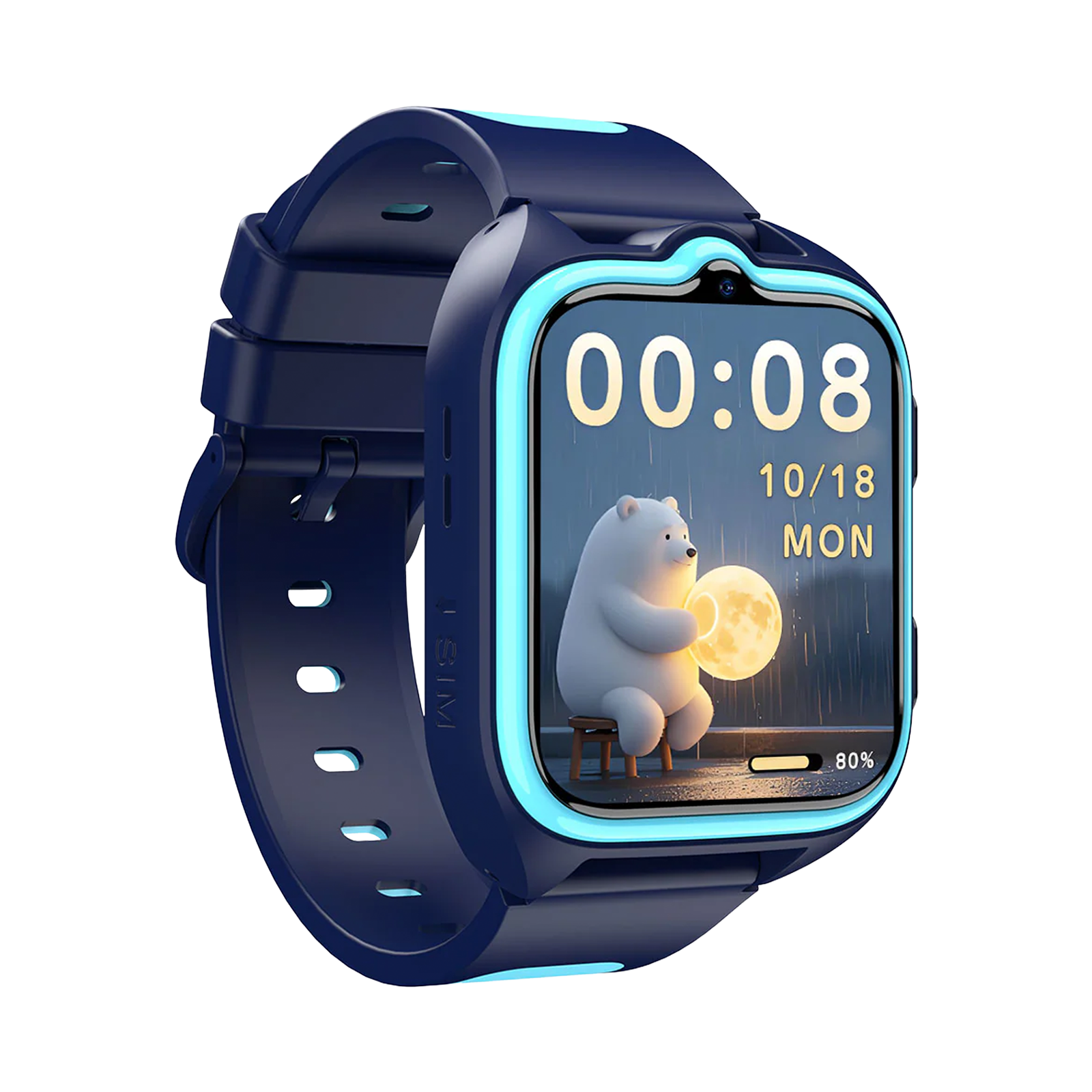 Niebieski smartwatch z niedźwiedziem polarnym na ekranie, godzina 00:08, data 10/18, PON.