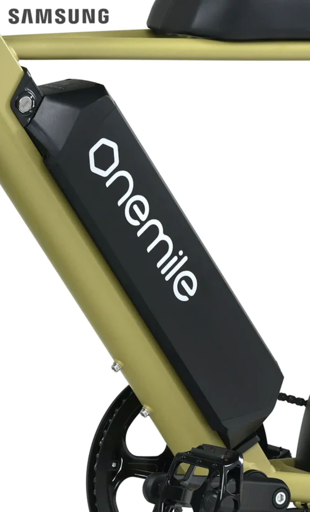 Marco dorado de e-bike con paquete de baterías negro 'Onemile'.