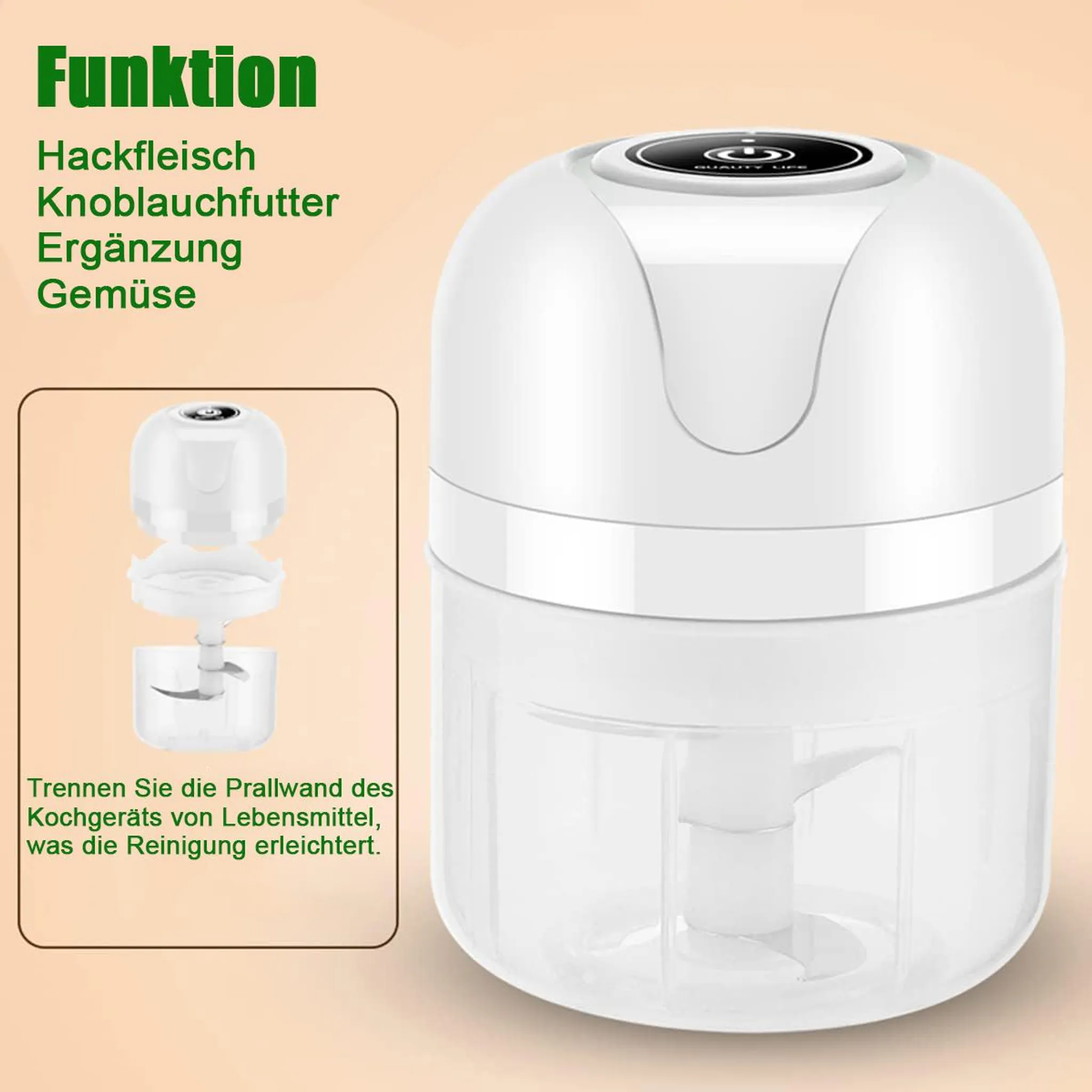 Ein weißer Mini-Zerkleinerer mit Klingen und transparentem Behälter.