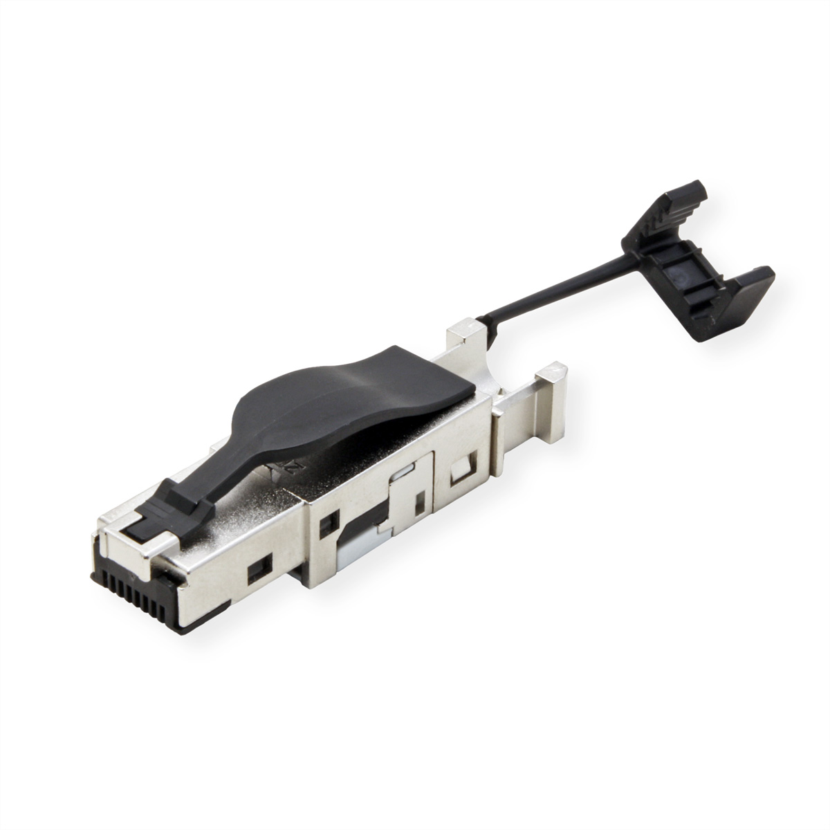 Connettore di rete argentato con leva nera e clip su sfondo bianco.