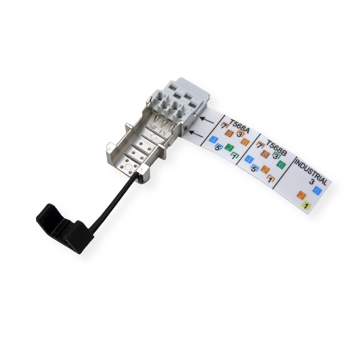 Connettore di rete con marcature codice colore T568A/B e clip per cavo nera.