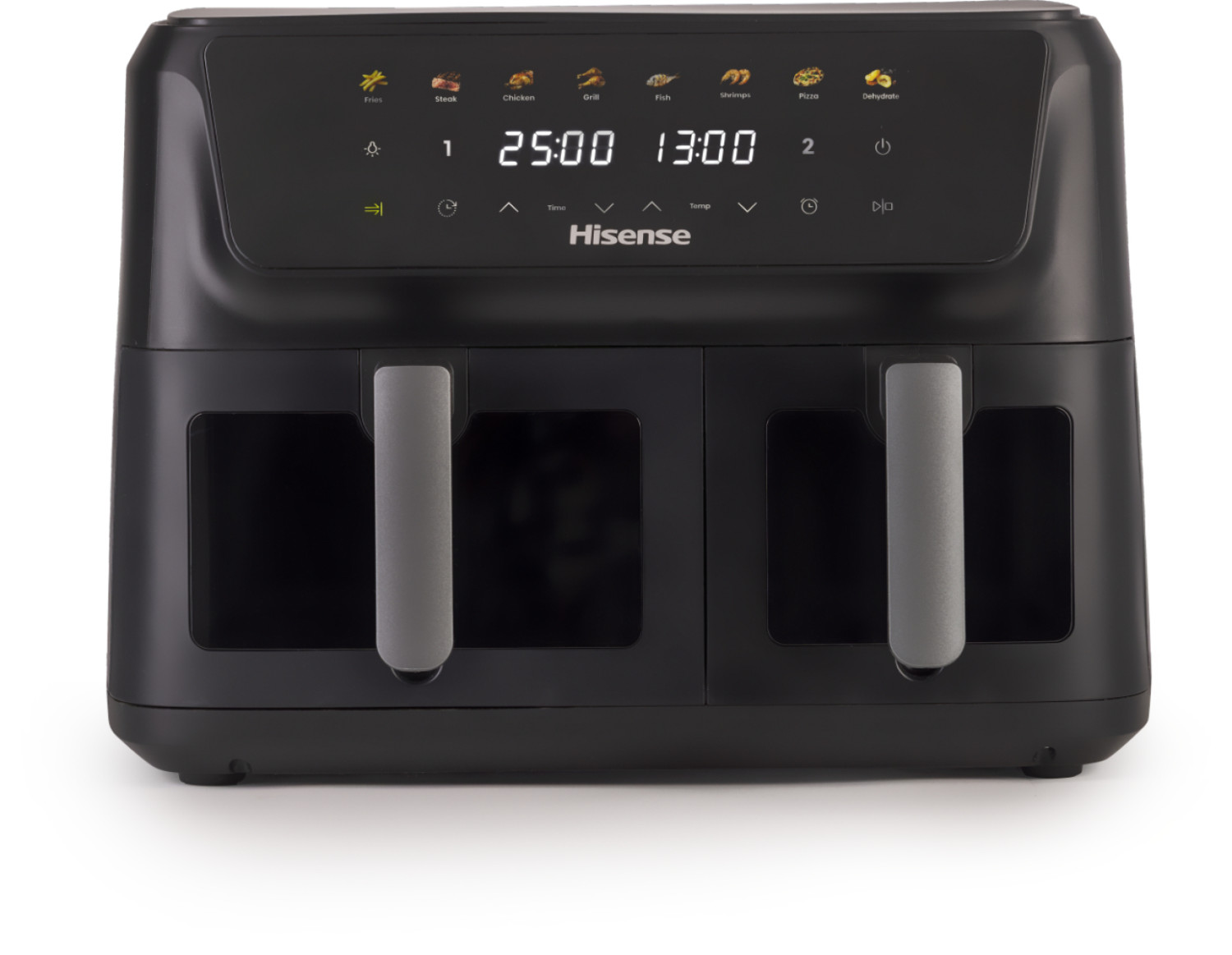 Schwarzer Hisense-Heißluftfritteuse mit zwei Körben und digitaler Anzeige.
