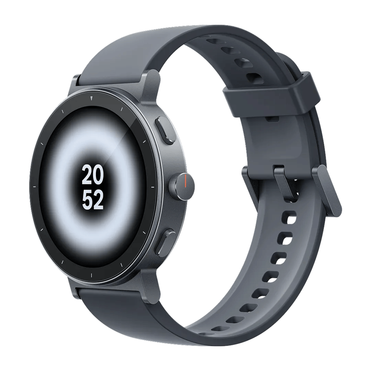 Uno smartwatch grigio con quadrante rotondo e cinturino scuro su sfondo nero.