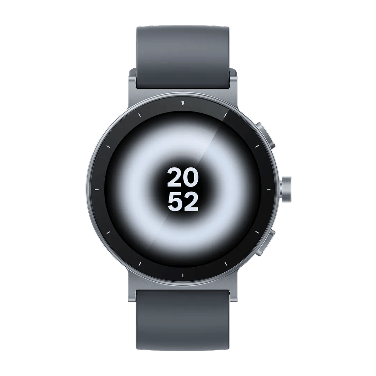 Smartwatch grigio con quadrante rotondo che mostra 20:52.