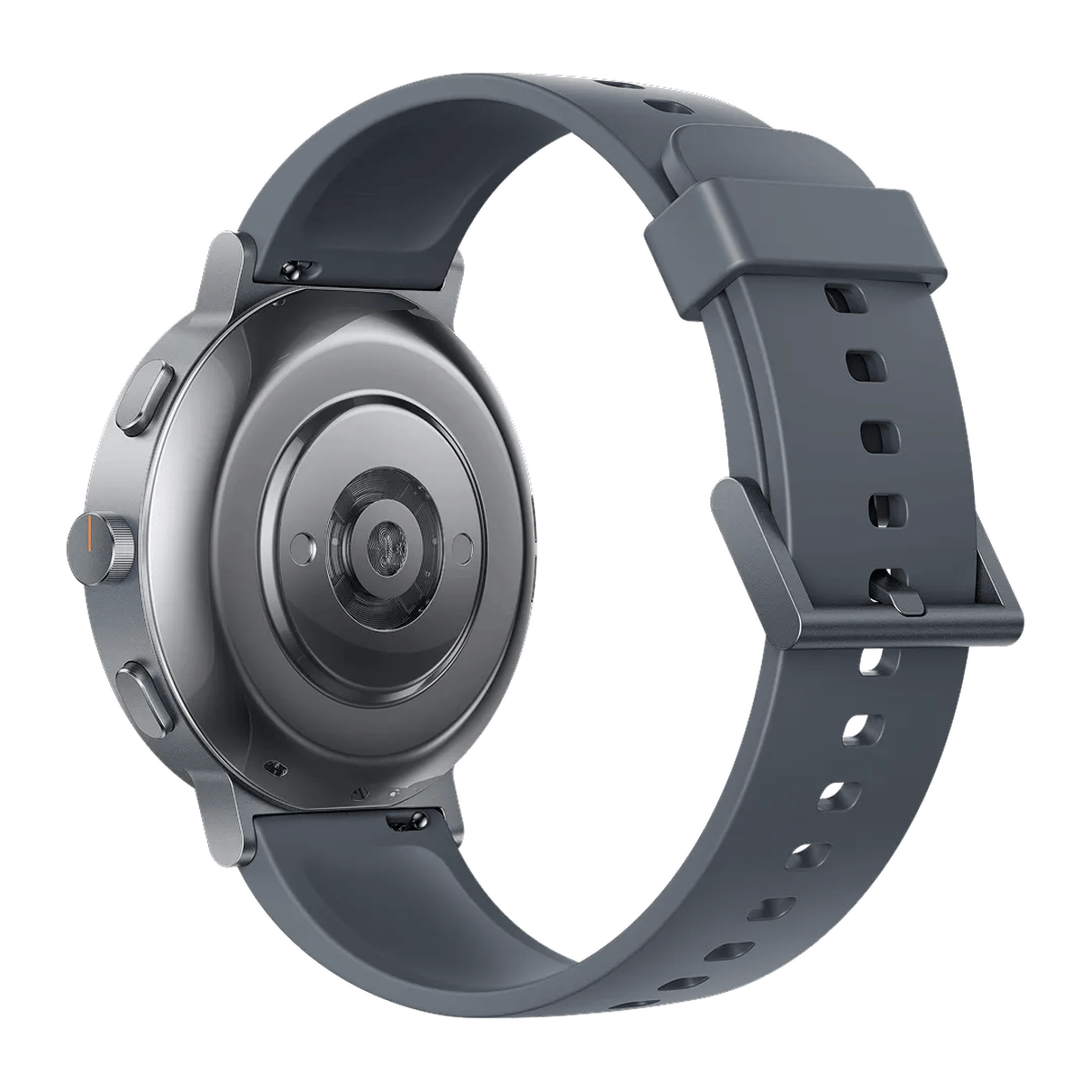 Vista posteriore di uno smartwatch grigio con cassa in metallo e cinturino in silicone.