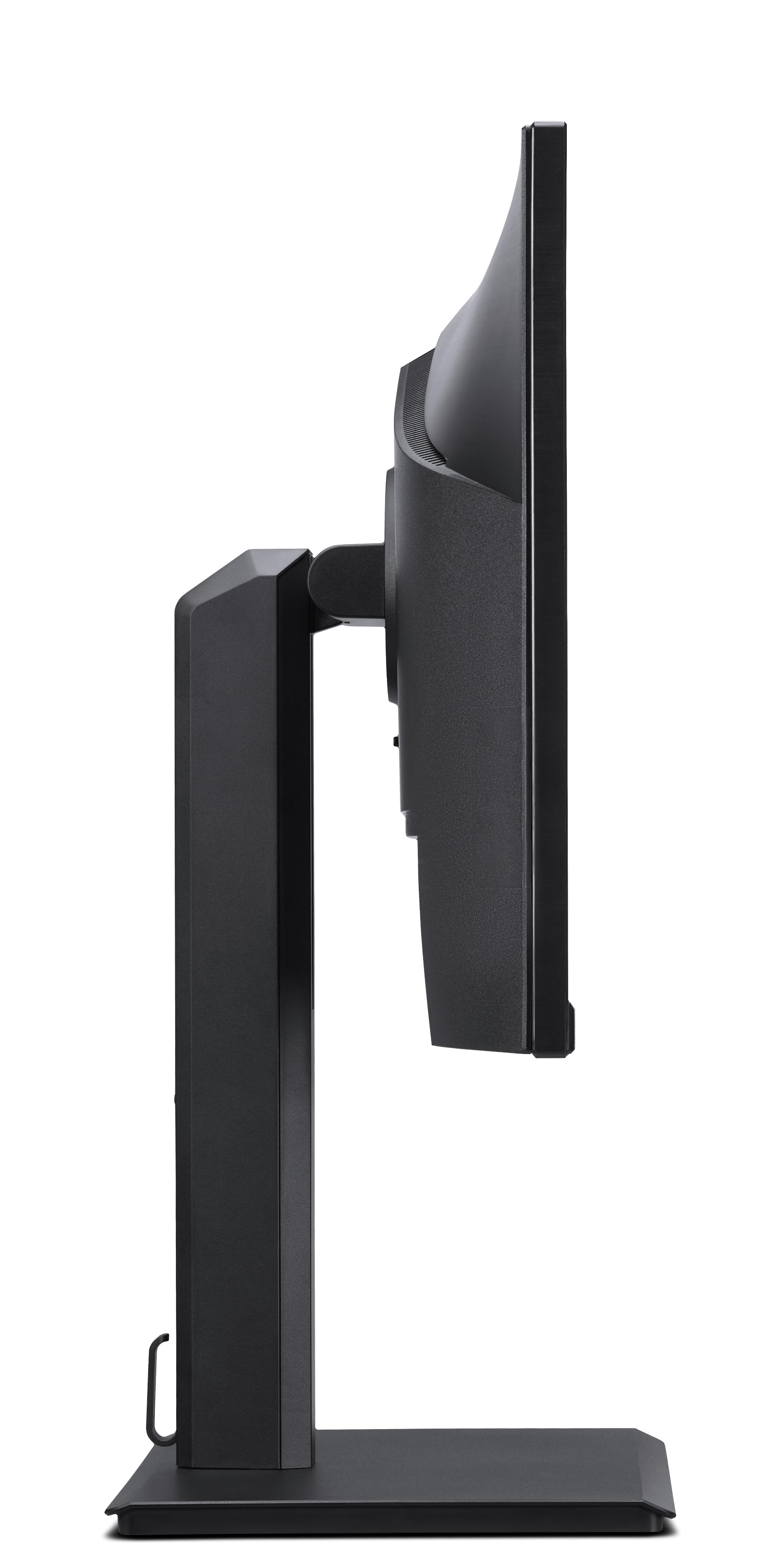 Monitor del computer nero su un supporto, visto di lato.