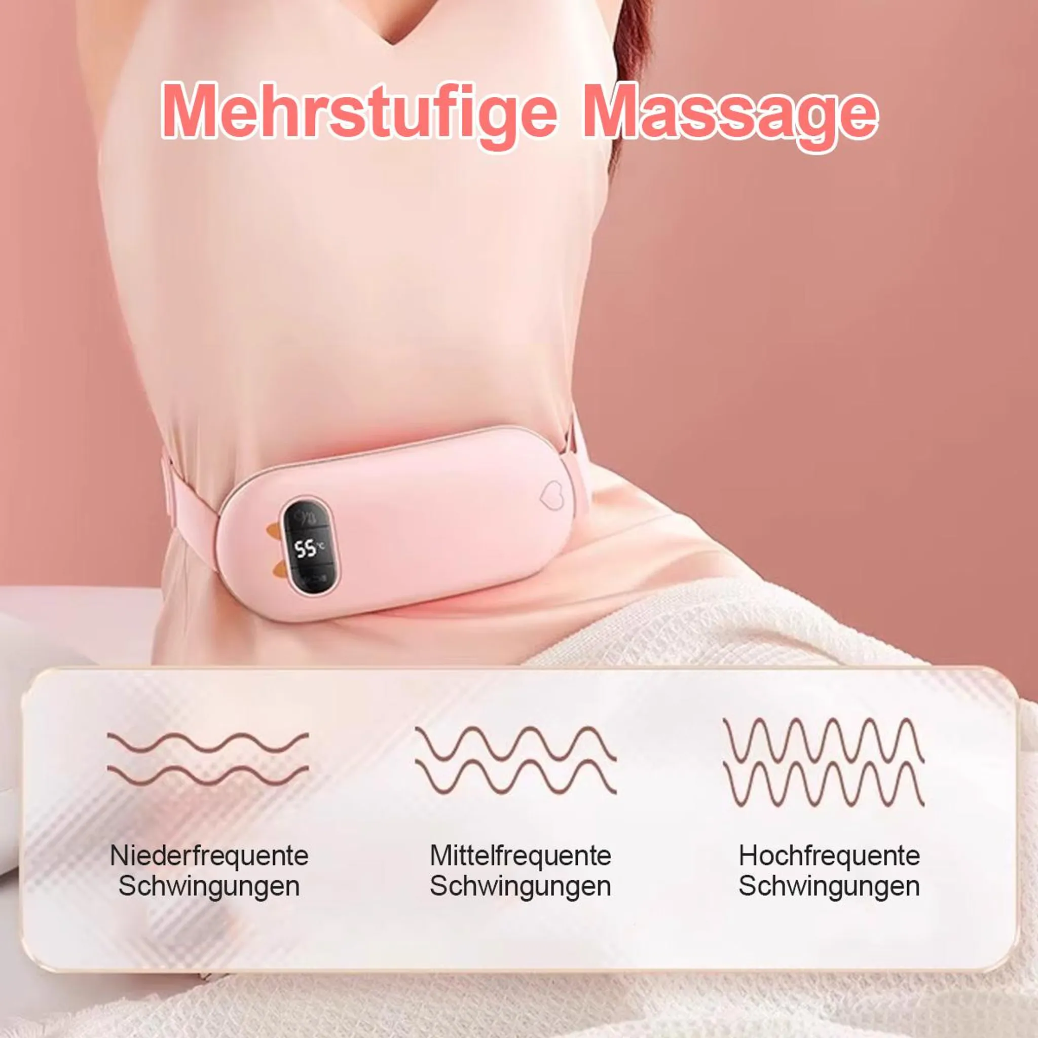 Ein rosa Massagegerät um die Taille einer Person, mit Wellensymbolen darunter.