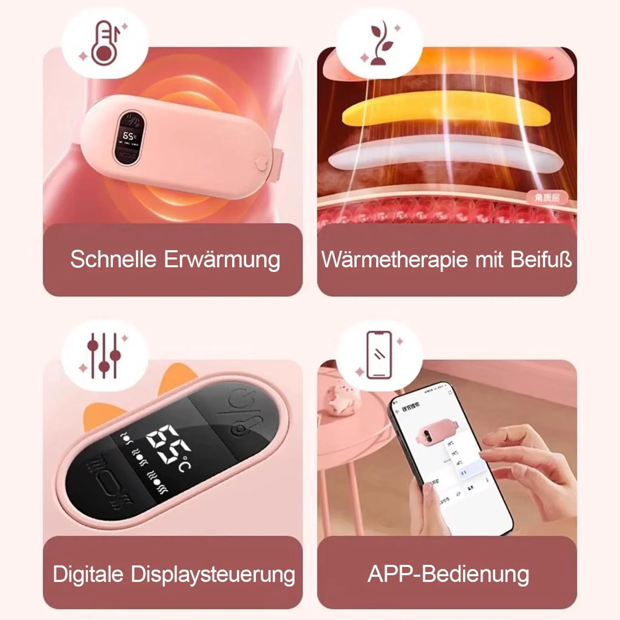 Vier Bilder zeigen ein rosa Heizkissen: Schnelle Erwärmung, Wärmetherapie, digitale Steuerung und App-Bedienung.