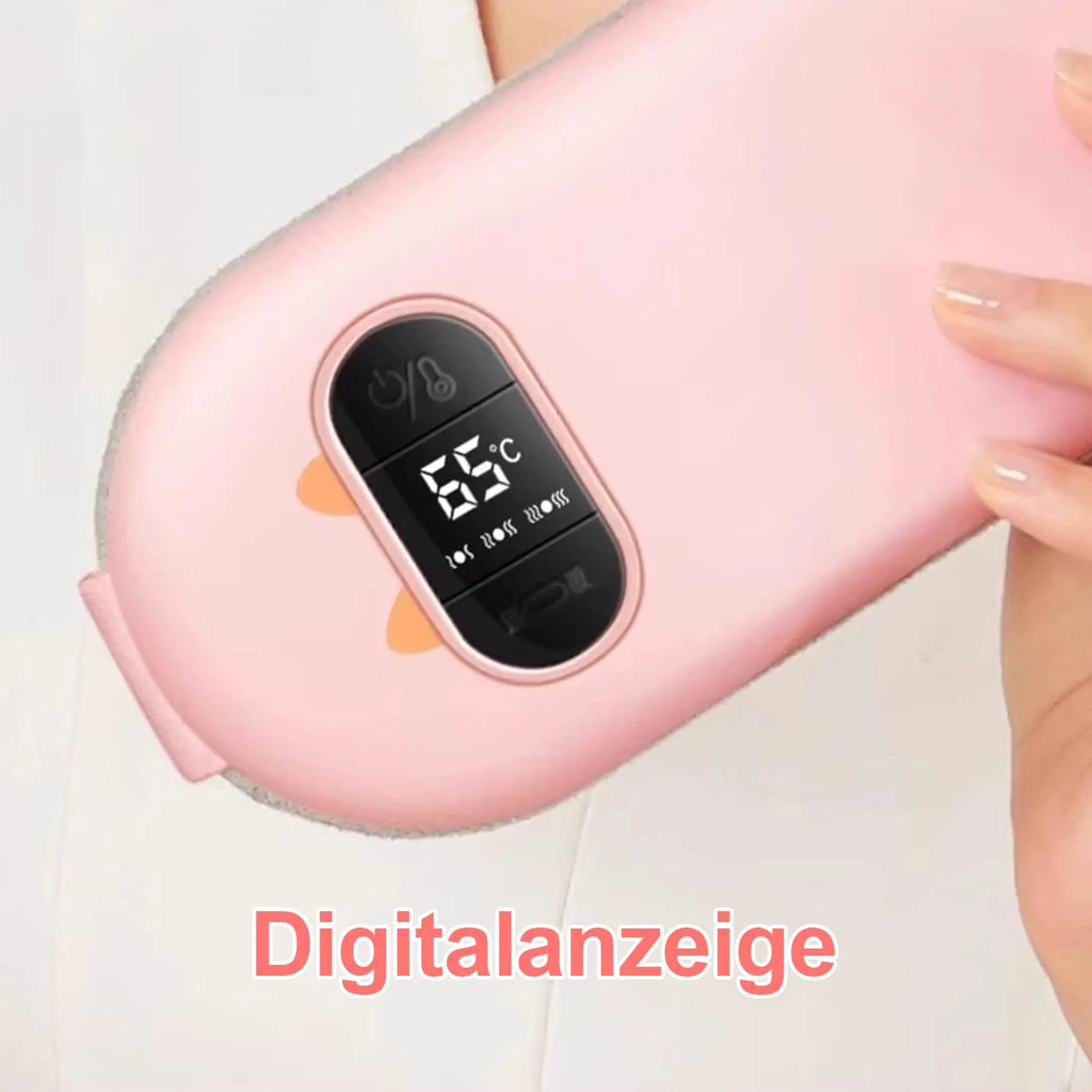 Ein rosa Heizgürtel mit digitaler Anzeige, die 65°C anzeigt.