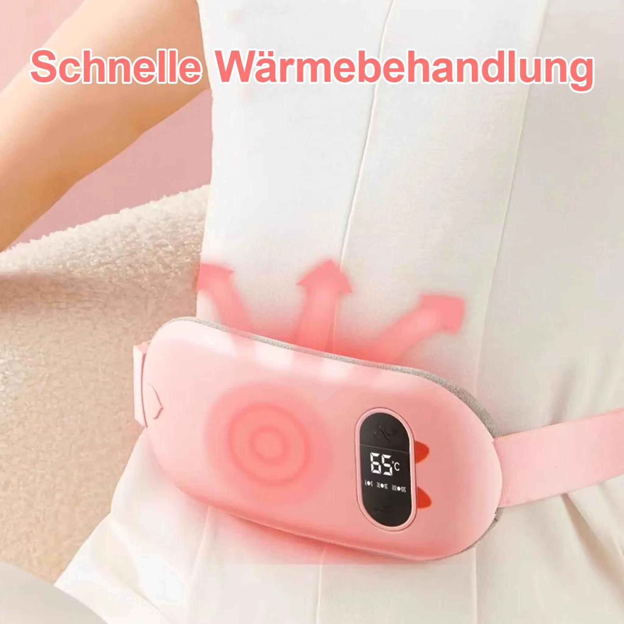 Eine rosa Heizbandage mit digitaler Anzeige von 65°C wird um die Taille getragen.