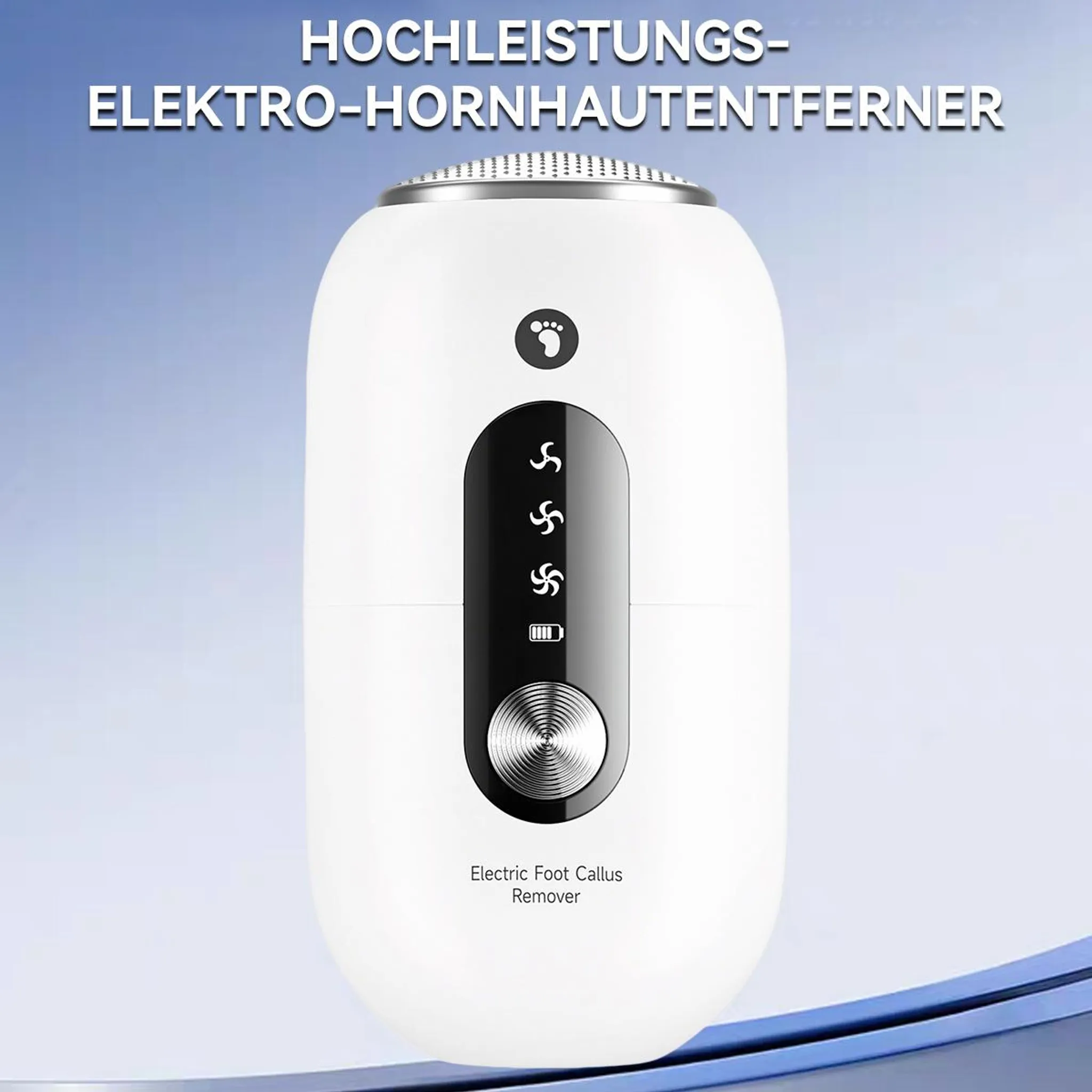 Ein weißes, elektrisches Hornhautentfernergerät mit silbernen Bedienelementen und Ladeanzeige.