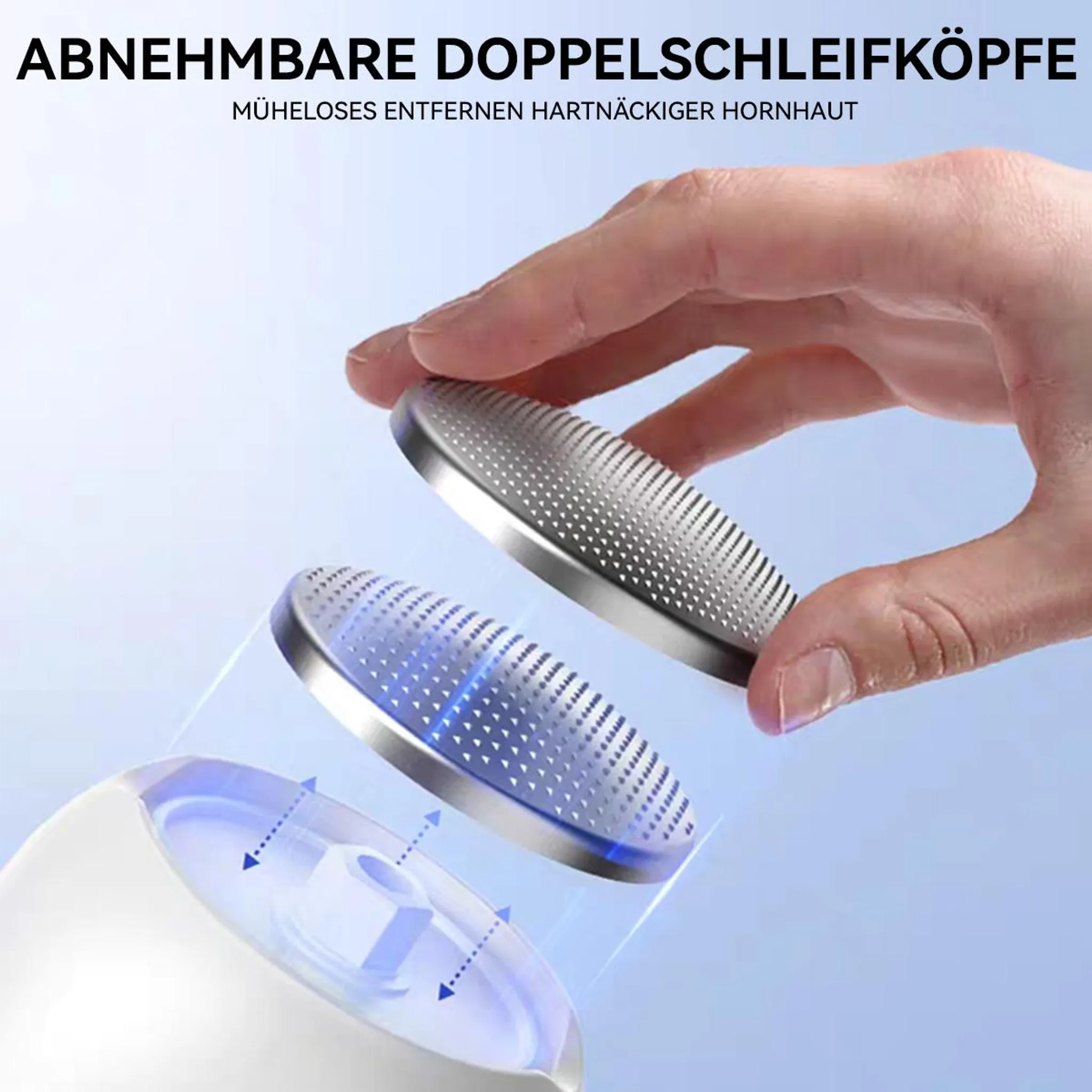 Eine Hand hält einen silbernen Schleifkopf über ein weißes Gerät mit blauer Beleuchtung.