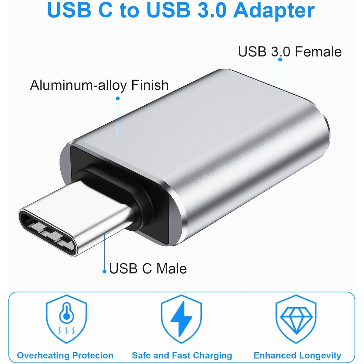 Silberner USB C-Stecker auf USB 3.0-Buchse-Adapter mit Aluminiumlegierungs-Finish.