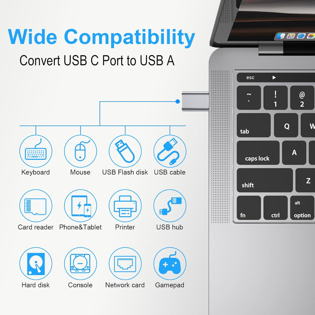 Diagramm zeigt USB-C-zu-USB-A-Adapterkompatibilität mit Tastatur, Maus, USB-Stick usw.