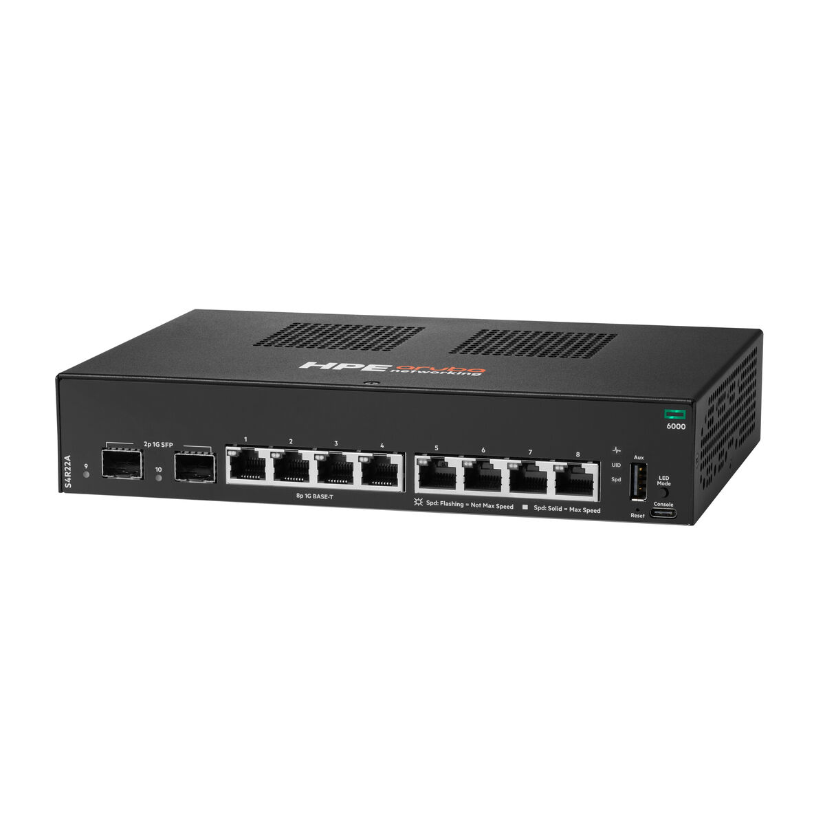 Switch di rete nero con 2 porte SFP e 8 porte RJ45. Etichette: S4R22A, 6000.