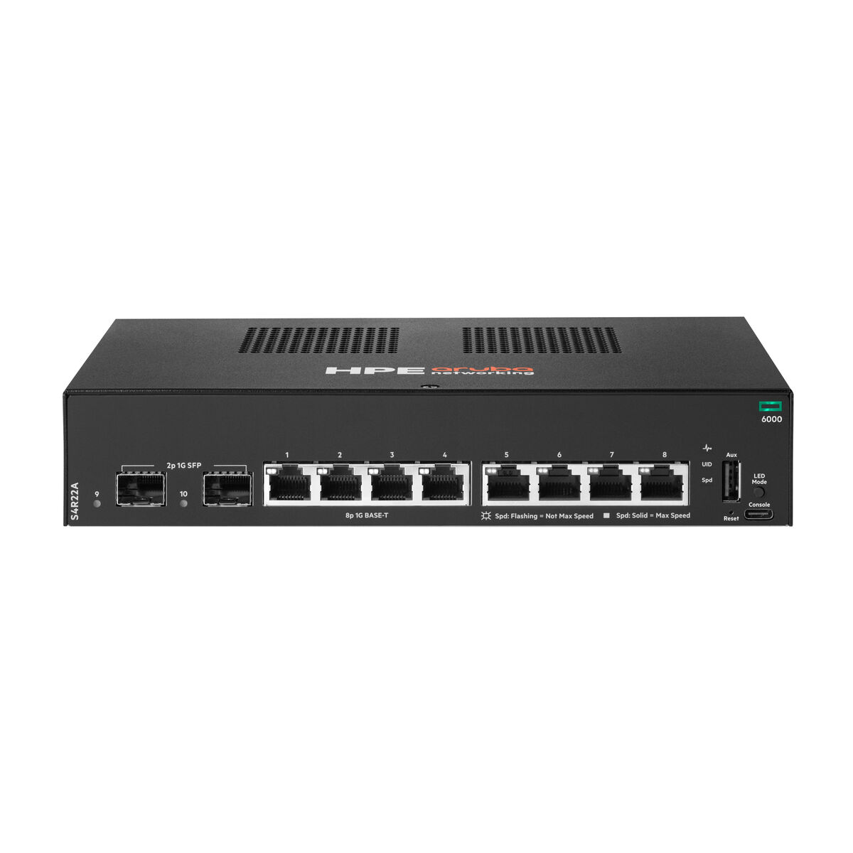 Switch di rete HPE 6000 nero con 2 porte SFP da 1G e 8 porte BASE-T da 1G.