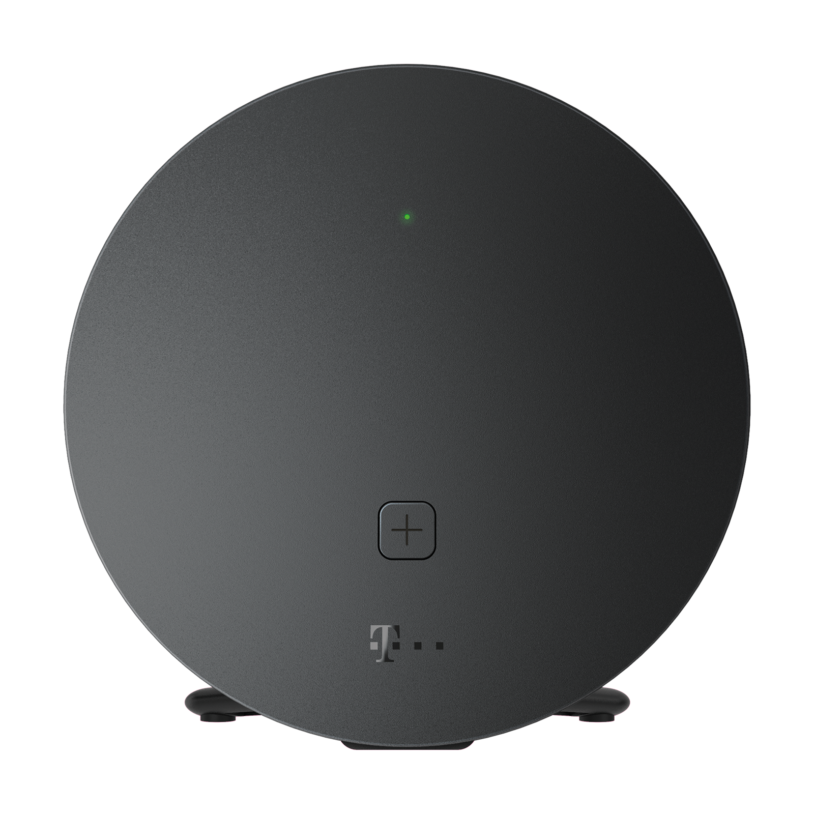 Een donkere, ronde router met een groen lampje en een plusteken.